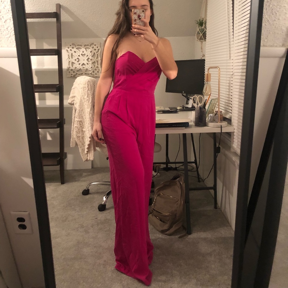 Fucsia strapless wide leg jumpsuit